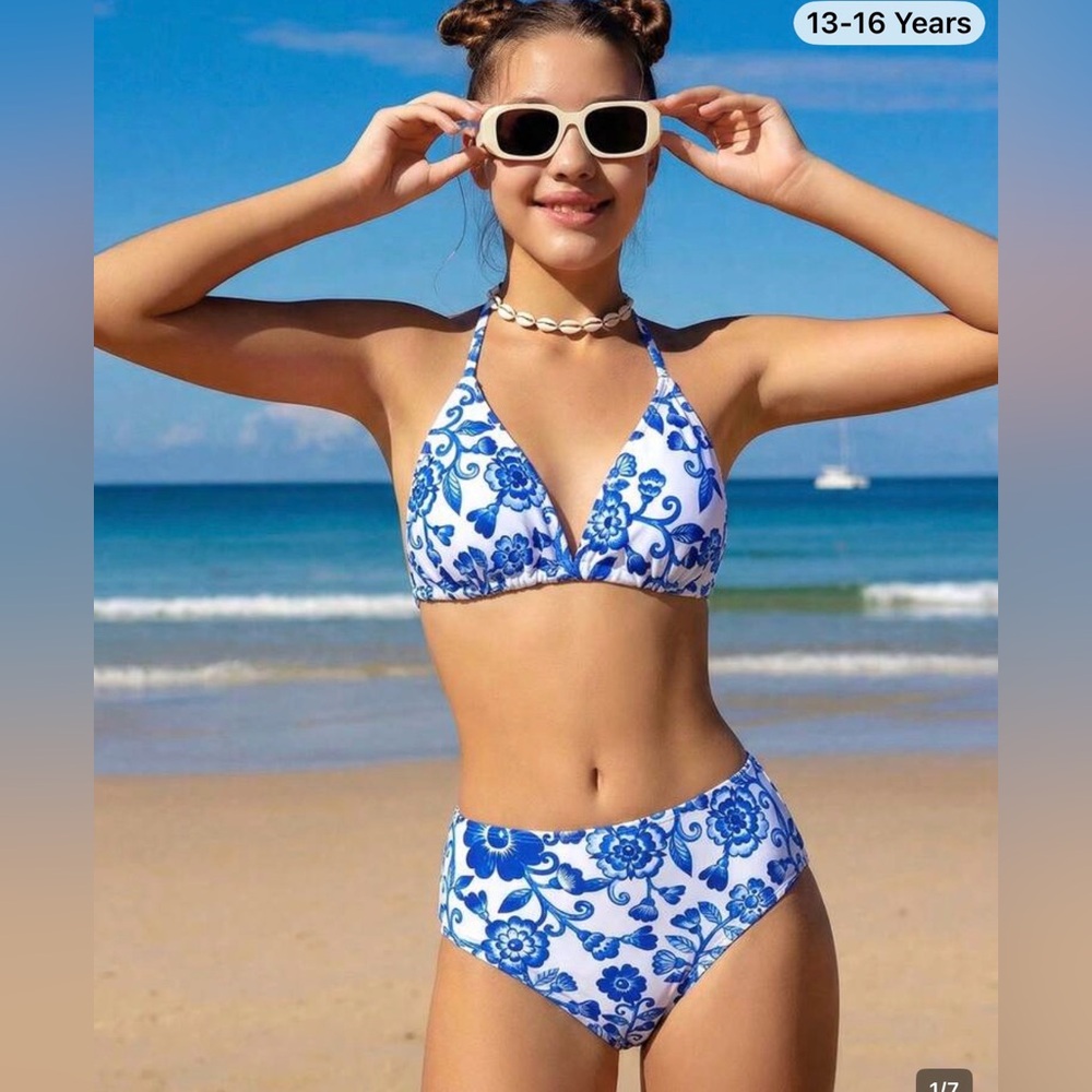 Blue and White Floral Bikini Set